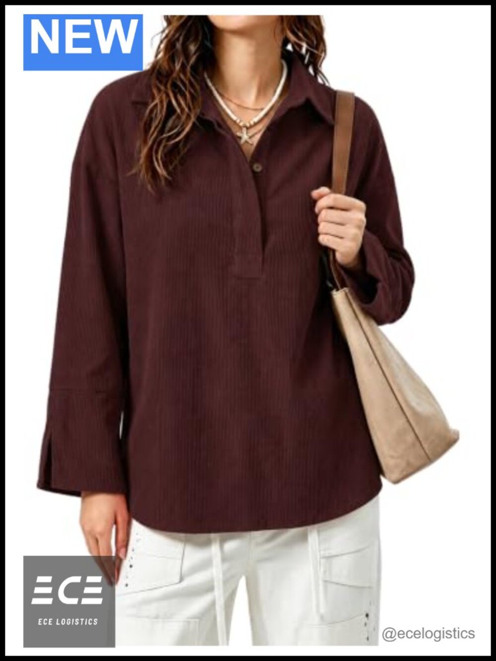Corduroy Half Button Henley Shirt Oversized Long Sleeve Collared Blouse